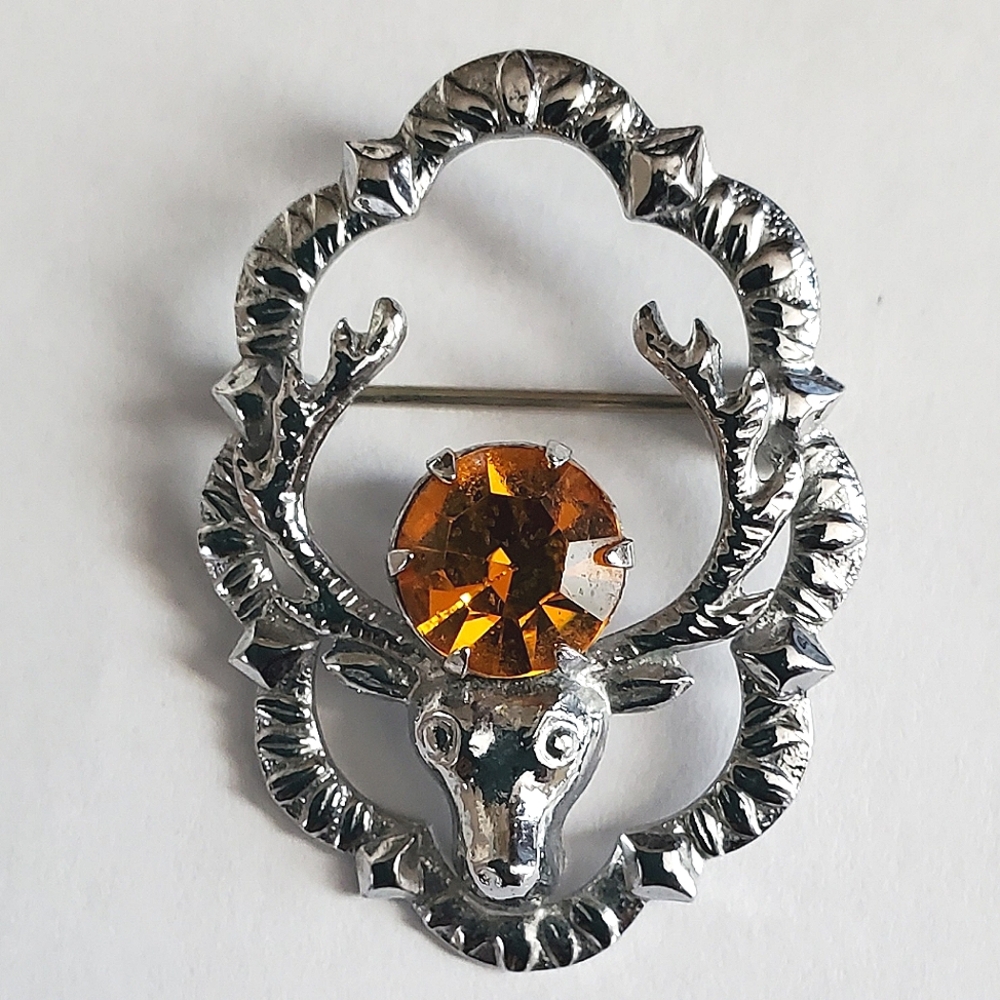 Vintage Mizpah  Stag Head Brooch With Citron Stone.
